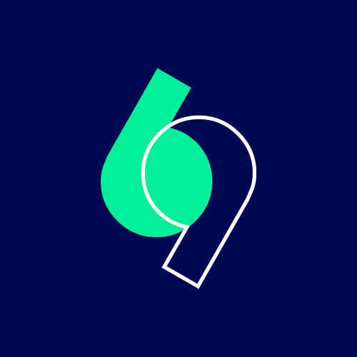 Symbole graphique stylisé en vert et blanc sur fond bleu foncé.