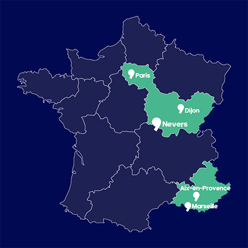 Carte de France avec les localisations des agences MYCOM à Paris, Dijon, Nevers et Aix-en-Provence.